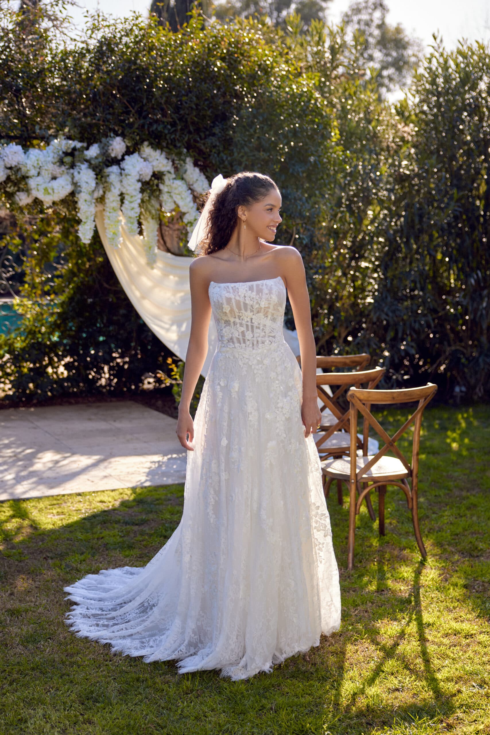 66432 - Lillian West wedding dress by Lillian West Allover chantilly lace A-line gown with a strapless cat eye... view 1