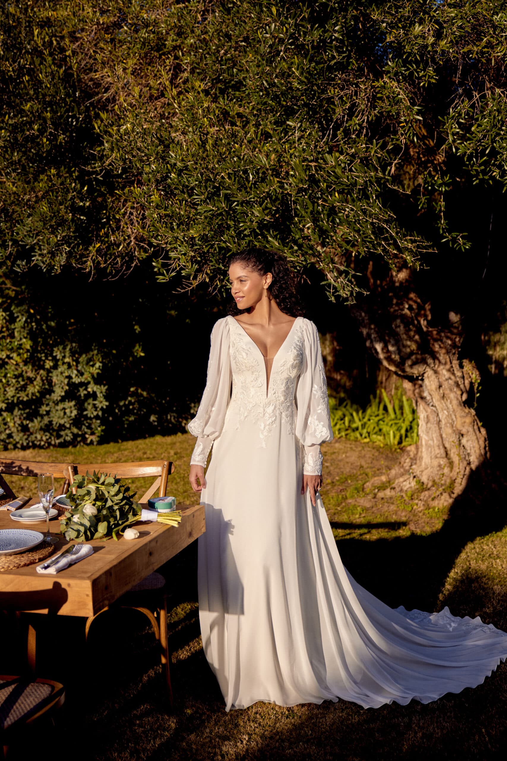 66433 - Lillian West wedding dress by Lillian West Chiffon A-line gown with a plunging V-neckline view 3