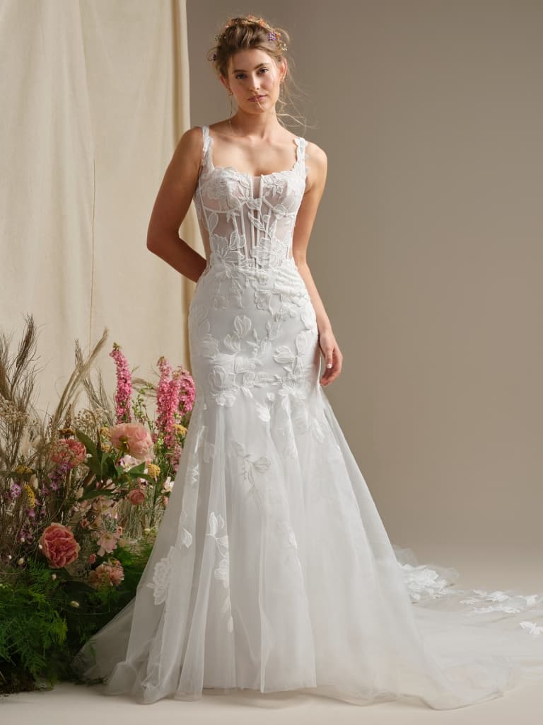 Pearline - Rebecca Ingram wedding dress by Rebecca Ingram - Delicate plunging square neckline, illusion bodice, fit and 