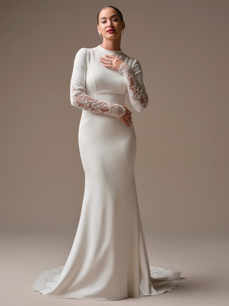 Lovai - Sottero & Midgley wedding dress by Sottero and Midgley - Lovai modest high neck satin sheath wedding dress with illus