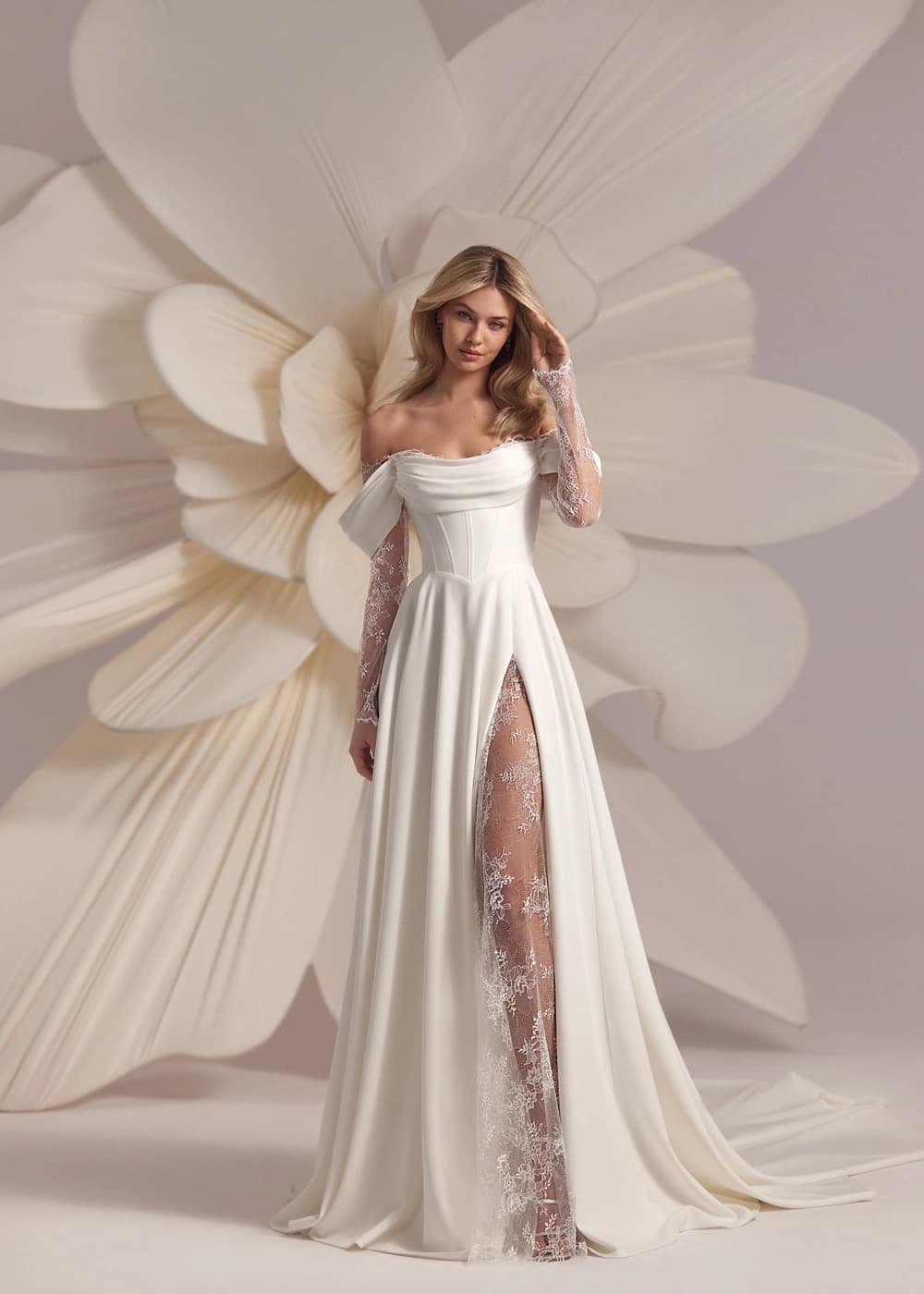 Baccara - Eva Lendel wedding dress by Eva Lendel Lace-up A-silhouette dress with cold-shoulder lace sleeves a... view 1